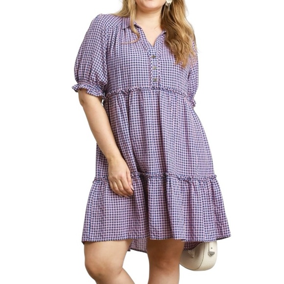Umgee Dresses & Skirts - Umgee Gingham Pink and Blue Plaid Ruffled Babydoll Puff Sleeve Cotton Dress XL